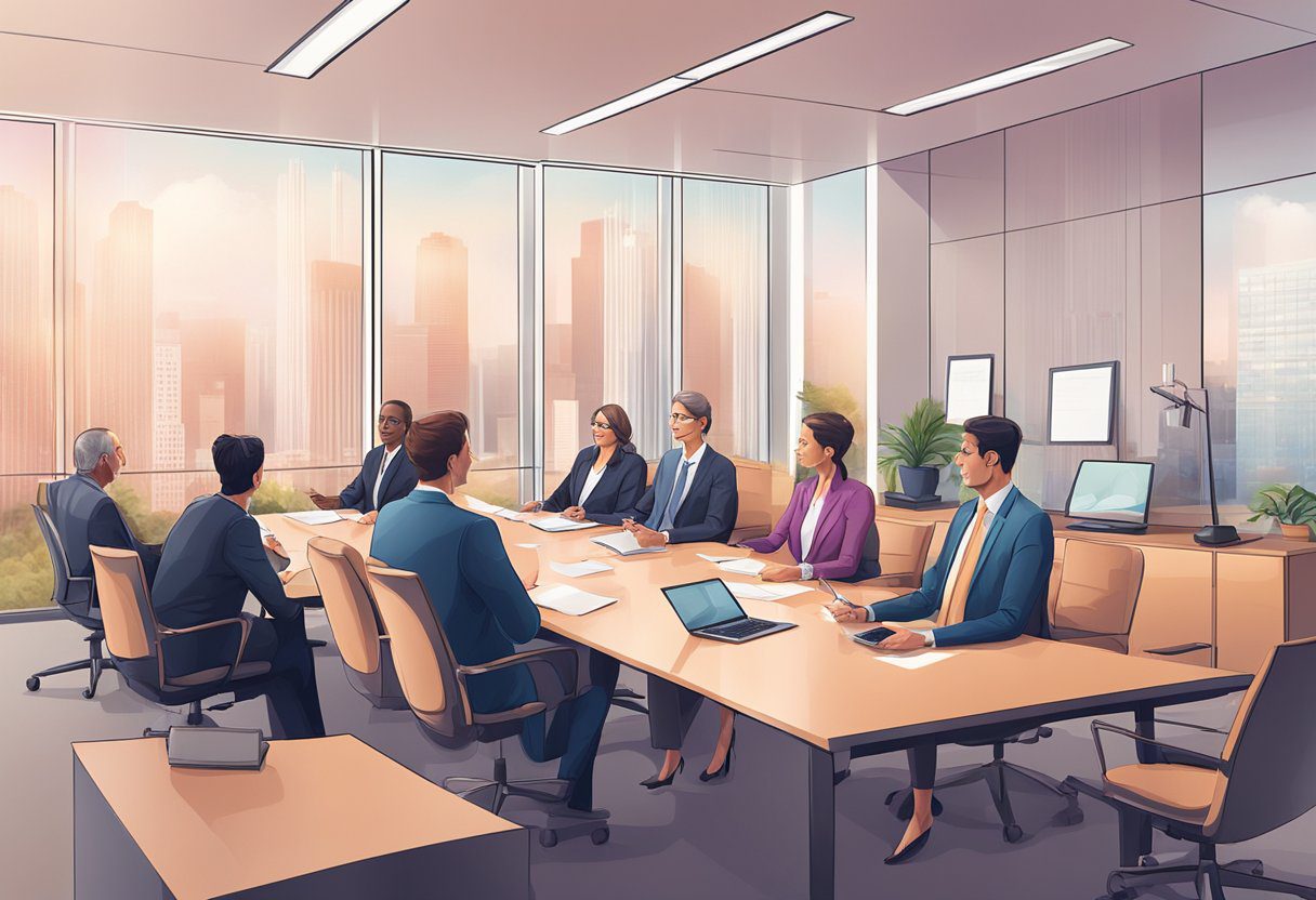 A group of lawyers discussing breast cancer cases in a modern office conference room