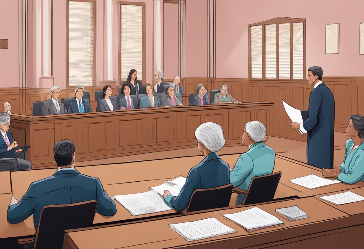 A courtroom scene with a lawyer presenting evidence of breast cancer misdiagnosis to a judge and jury. The lawyer is passionately arguing their case, while medical documents and x-rays are displayed as evidence