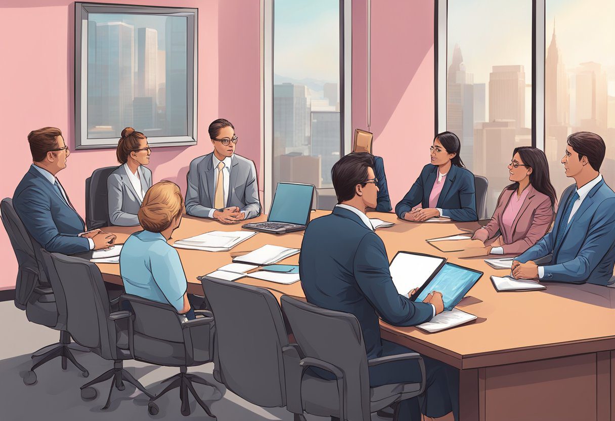 A group of breast cancer lawyers discussing financial aspects in a law office conference room