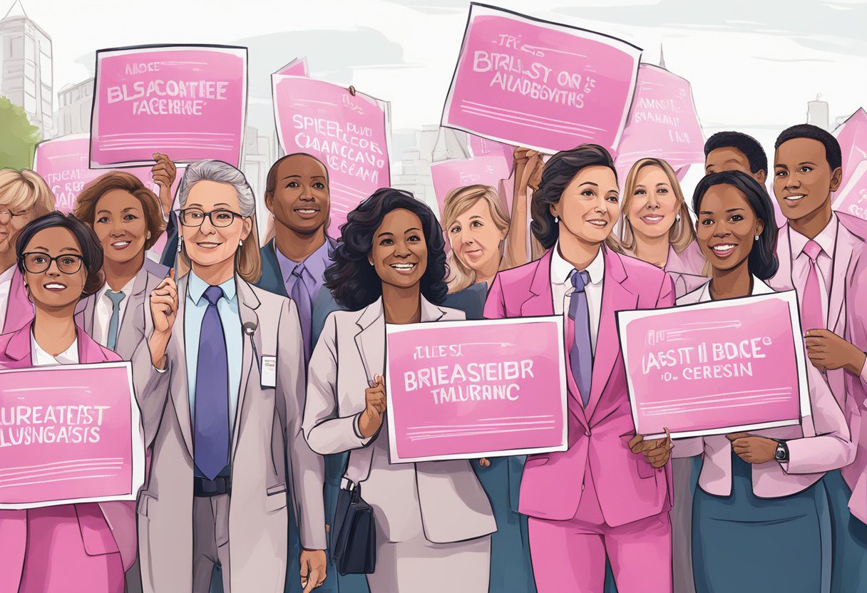 A group of lawyers holding signs and speaking at a breast cancer awareness event