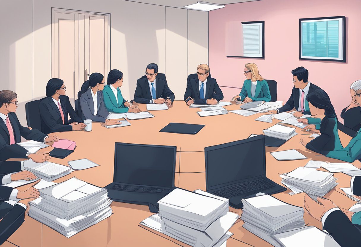 A group of lawyers discussing legal strategies for breast cancer cases in a conference room with legal documents and medical files scattered on the table