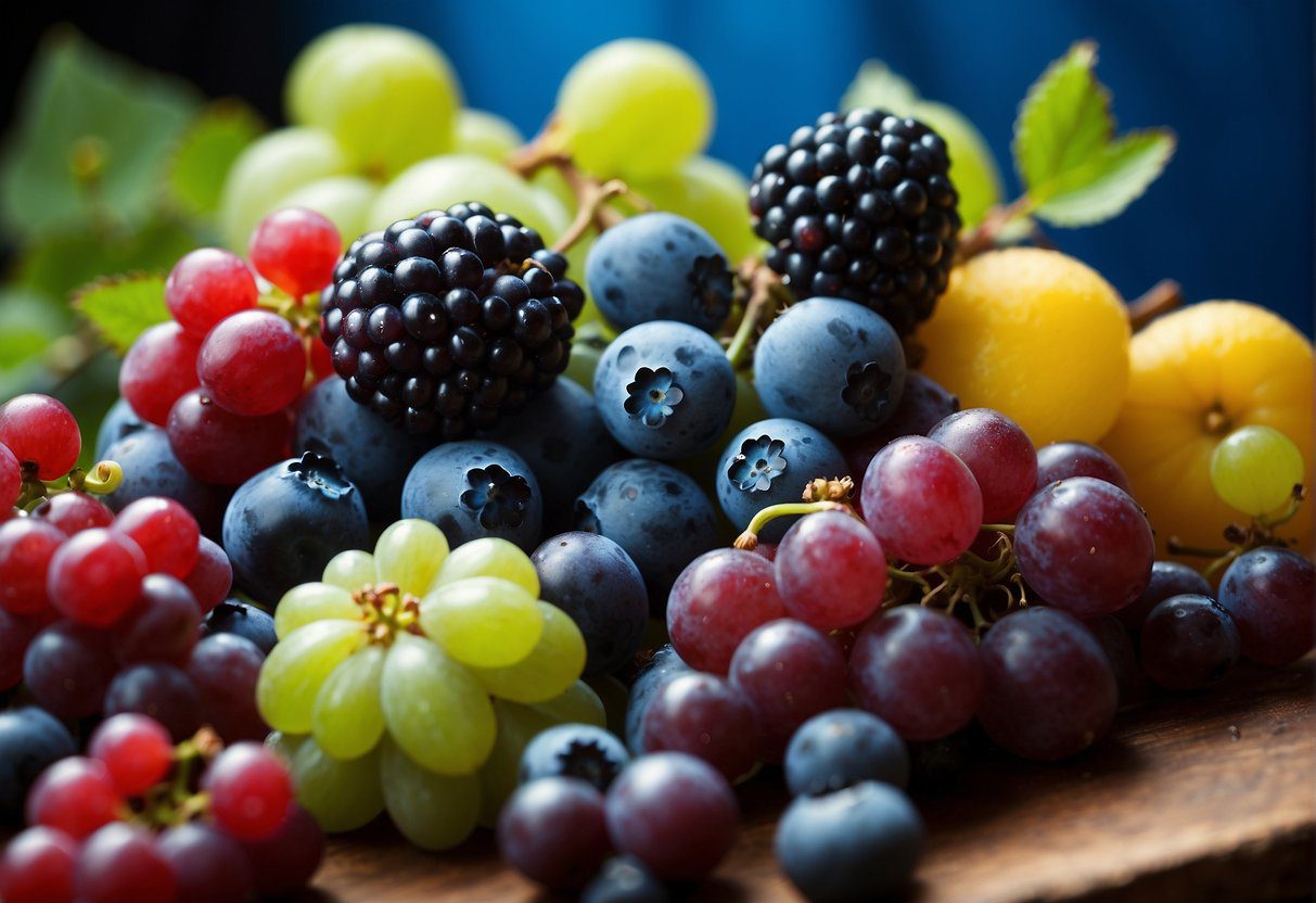A variety of blue fruits, such as blueberries, blackberries, and grapes, arranged in a colorful and appetizing display