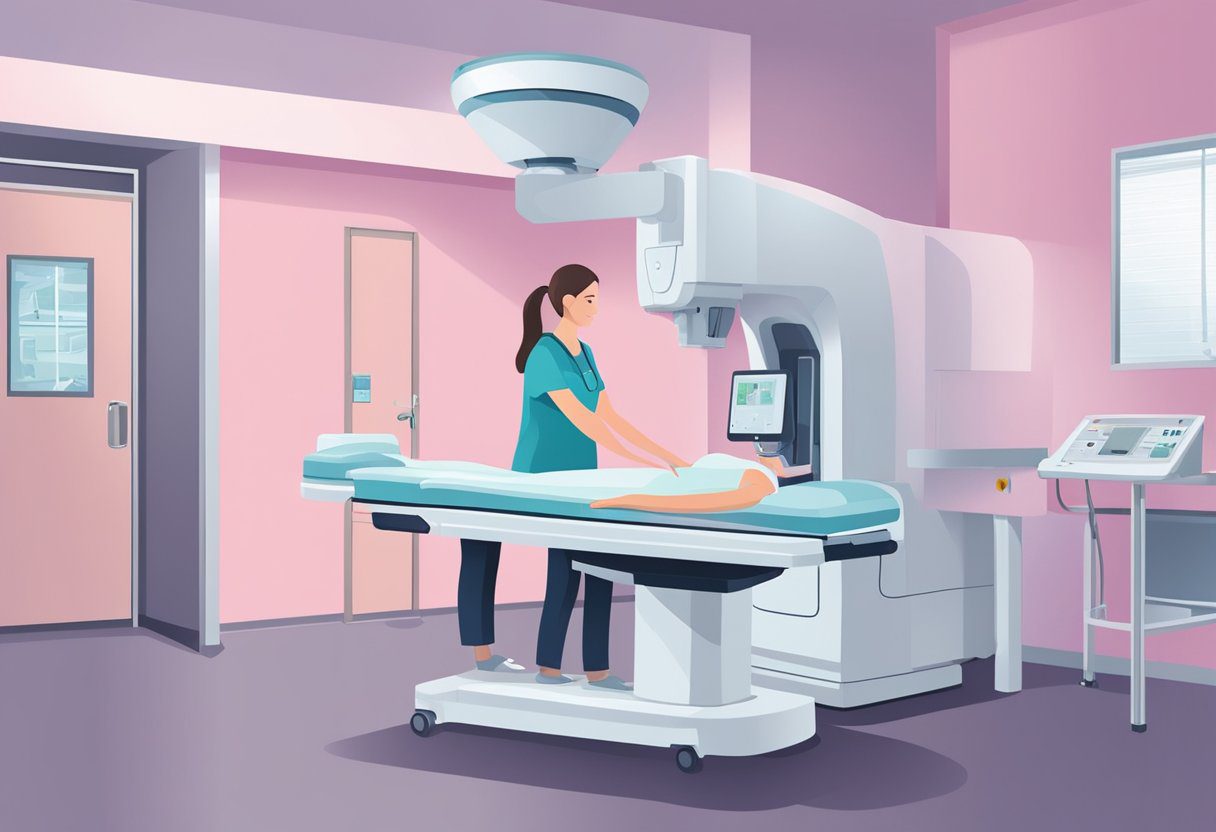 A mammography machine in a hospital room with a technician positioning a breast imaging plate for screening