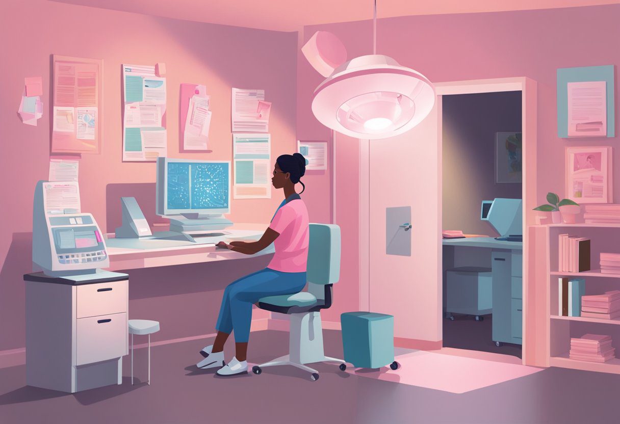 A woman sits in a doctor's office, surrounded by pamphlets on breast cancer screening. A mammogram machine looms in the corner, casting a shadow over the room