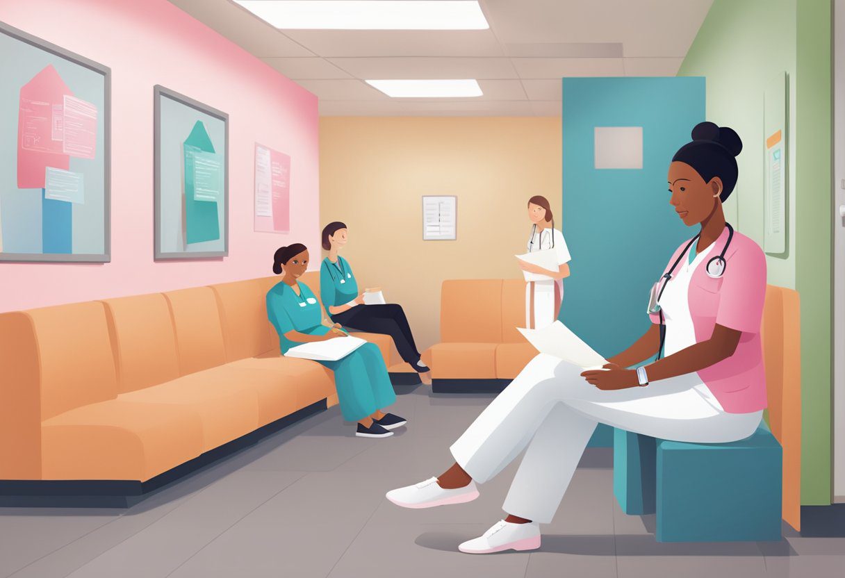 A woman sits in a waiting room, holding a pamphlet on breast cancer screening. A nurse calls her name, leading her down a hallway towards an examination room