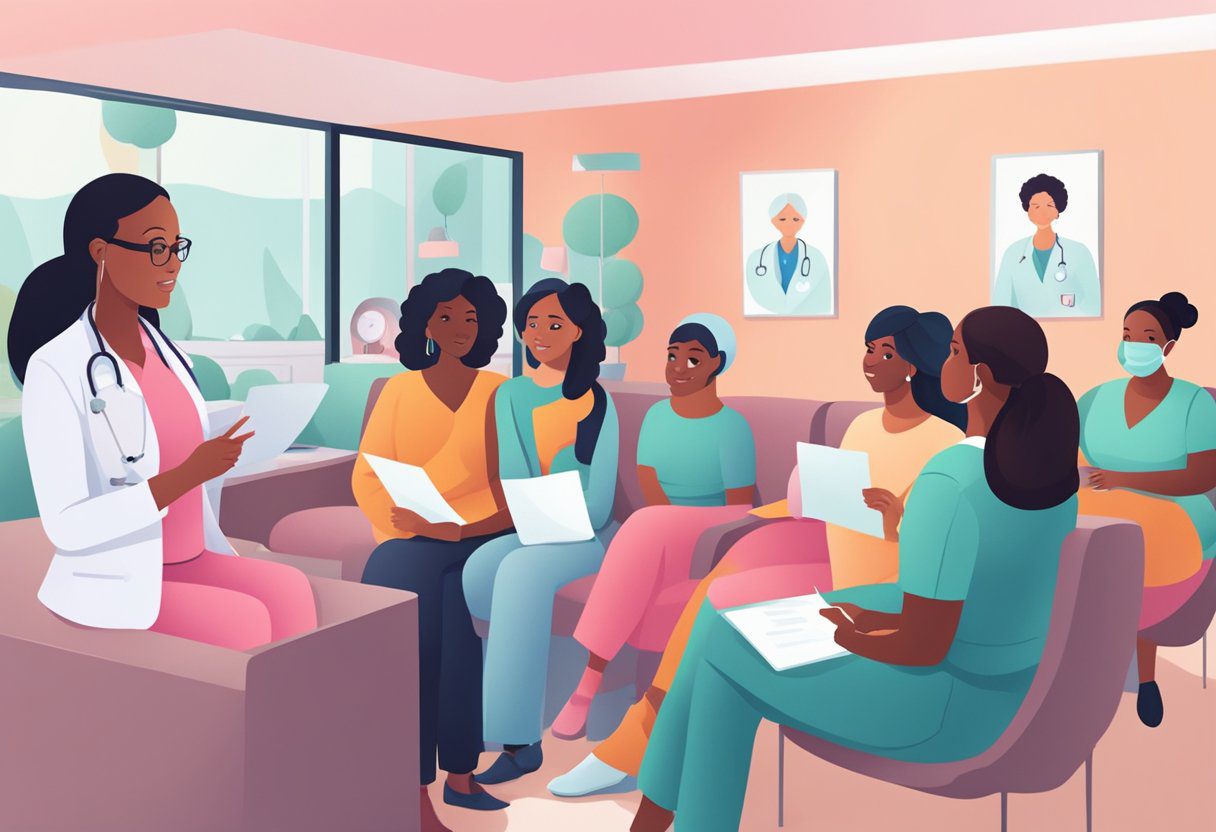 A doctor explaining breast cancer screening to a group of diverse women in a clinic waiting room