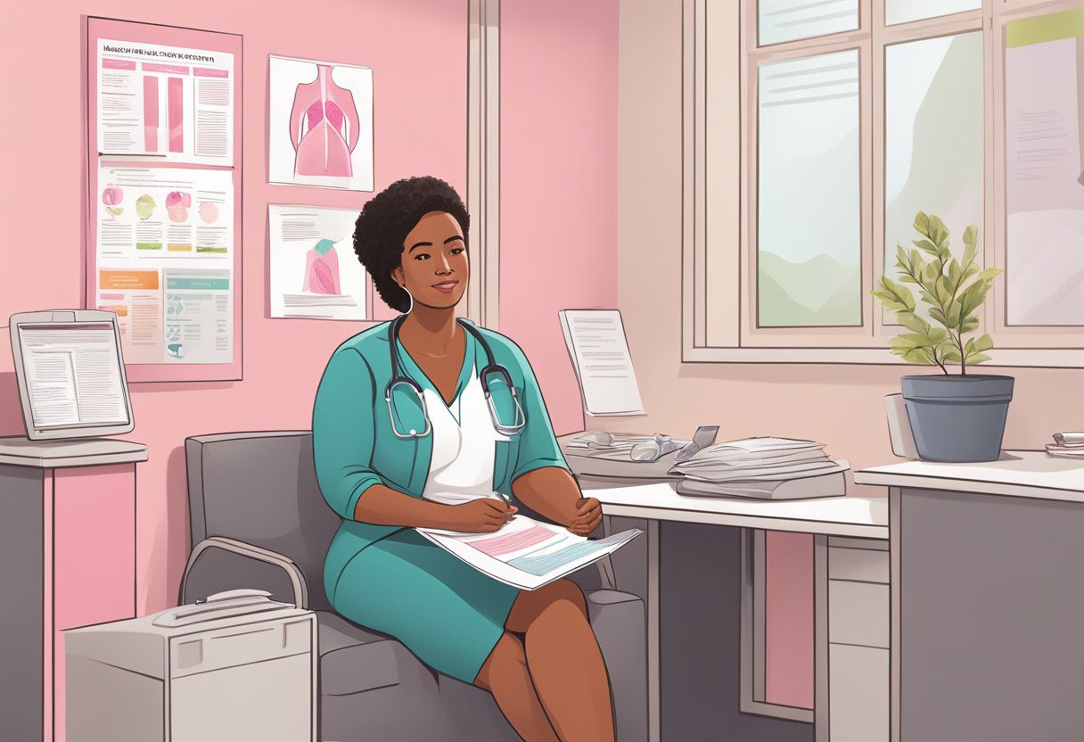 A woman sits in a doctor's office, holding a pamphlet on breast cancer screening. A poster on the wall displays the guidelines for early detection