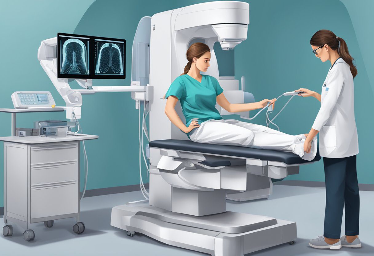 A mammography machine positioned in a clinical setting, with a technician operating the equipment and a patient sitting in front of the machine