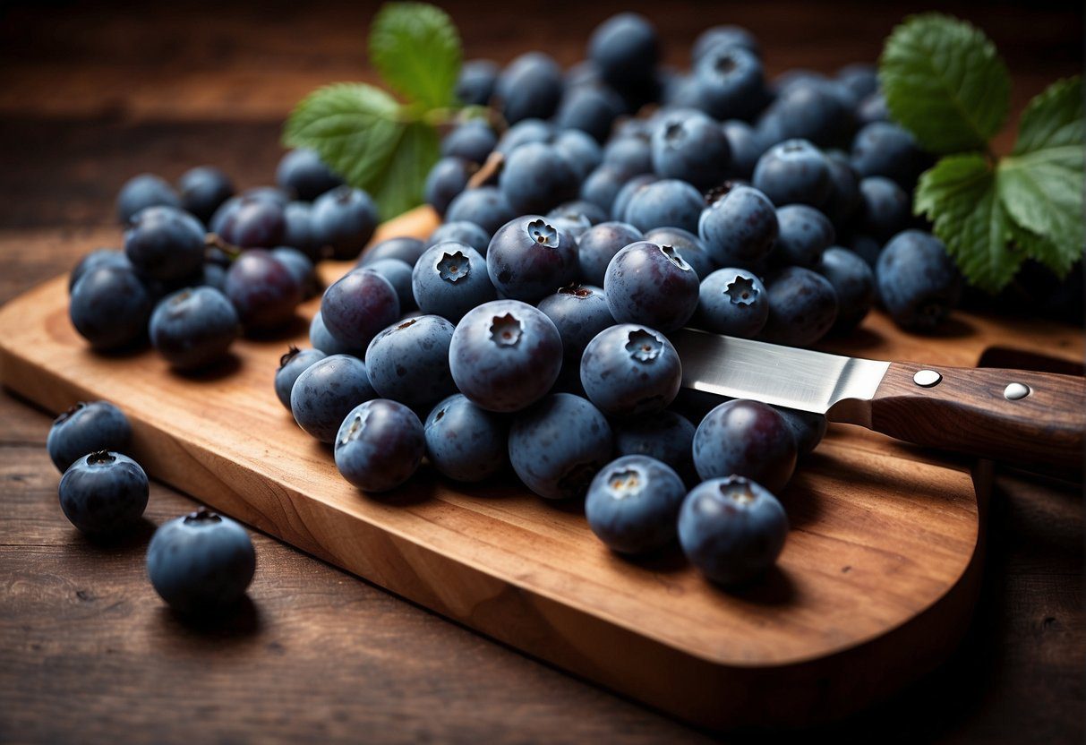 Blueberries, blue grapes, and blue plums arranged on a wooden cutting board with a chef's knife and a bowl of sugar