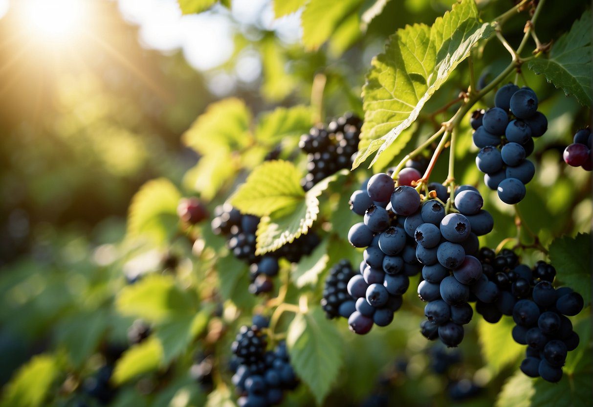 A lush garden with an abundance of blueberries, blackberries, and grapes, surrounded by vibrant green foliage. The fruits glisten in the sunlight, showcasing their health benefits