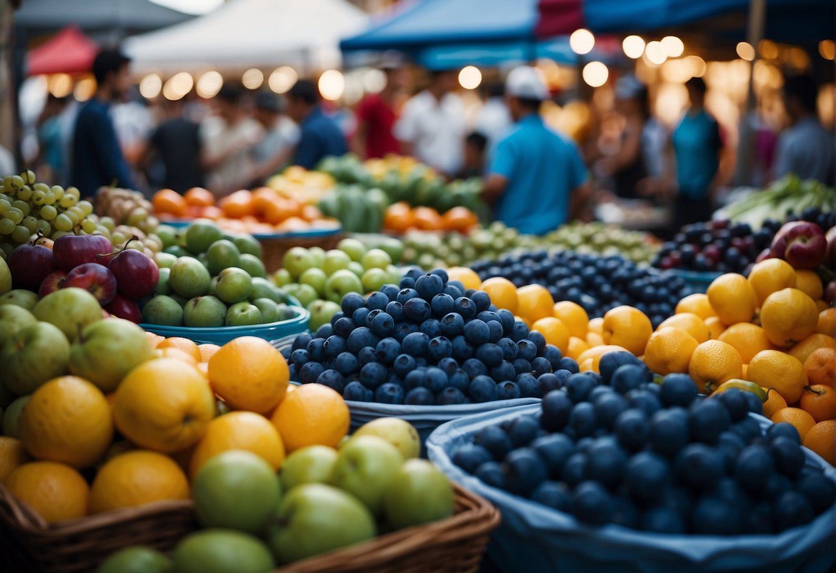 A bustling market with vibrant blue fruits on display, surrounded by eager customers and vendors discussing the latest market trends
