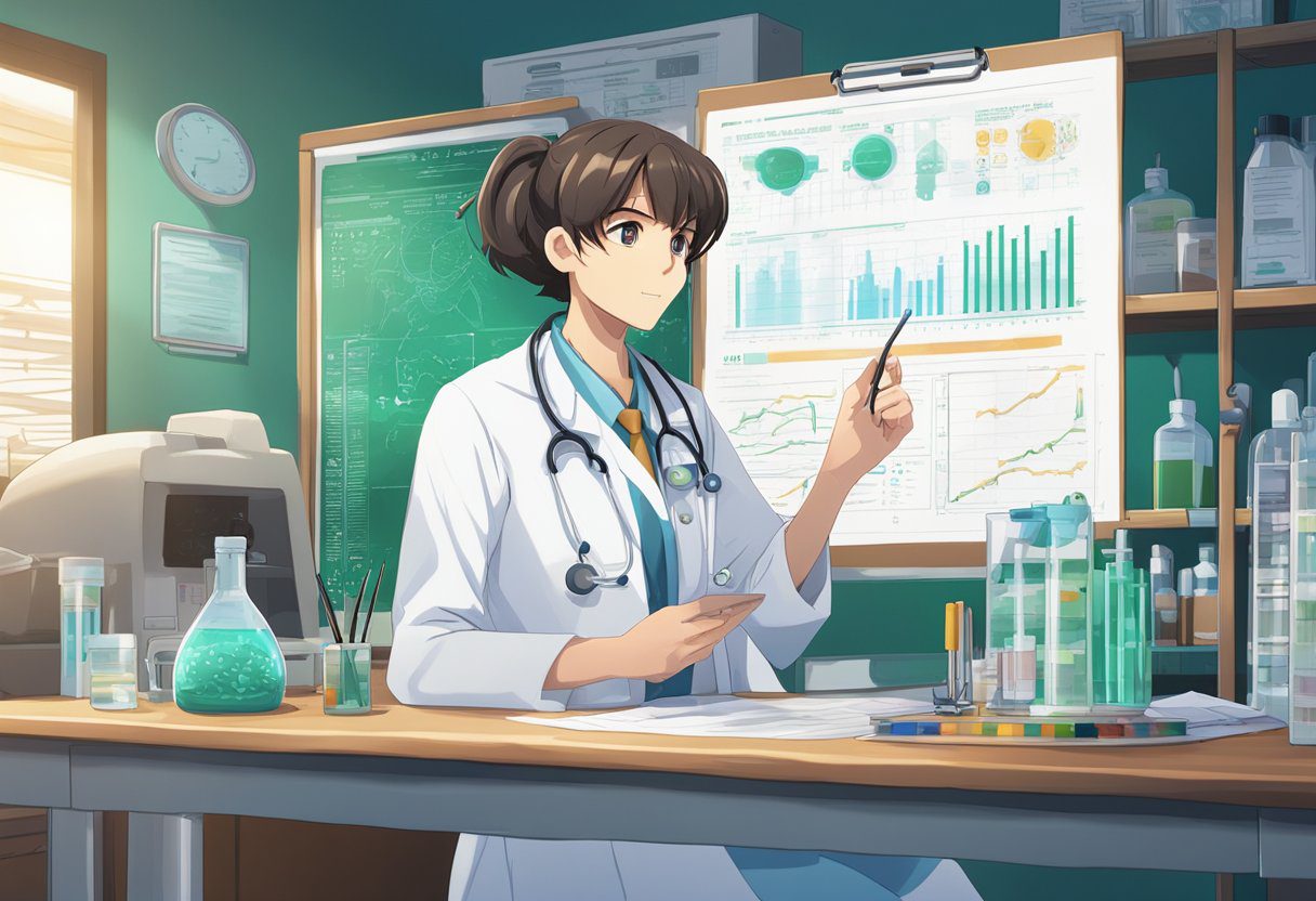 A doctor in a lab coat holds a clipboard and points to a chart of cervical cancer screening guidelines on the wall. A microscope and test tubes are on the table