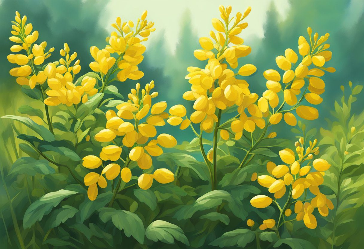 A vibrant plant with yellow flowers and green leaves, berberine grows in a lush, sunlit meadow. Its roots are deep and tangled, reaching into the rich soil