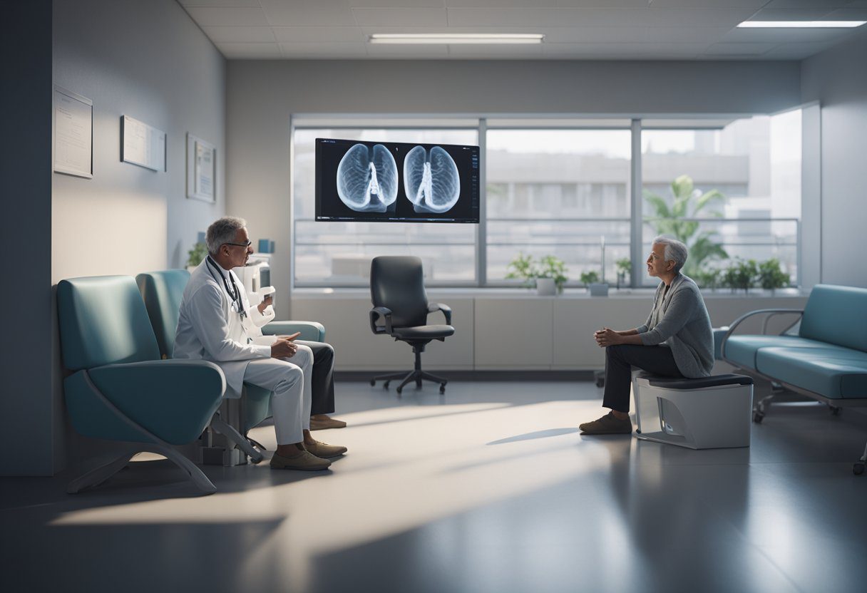 A doctor holds a lung cancer screening report, while a patient sits in a waiting room. An X-ray machine and computer monitor are in the background