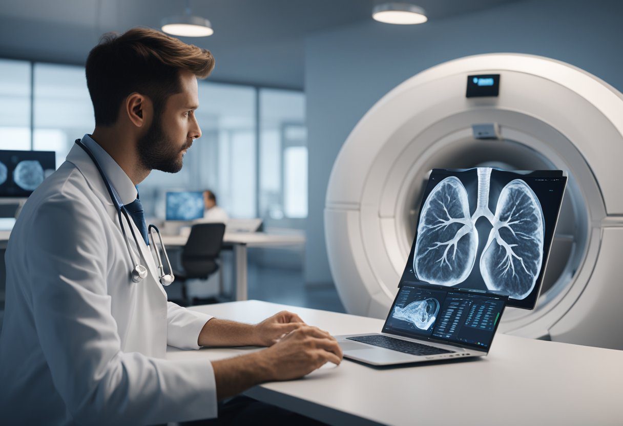 A doctor reviews a lung CT scan. A patient discusses results in an office