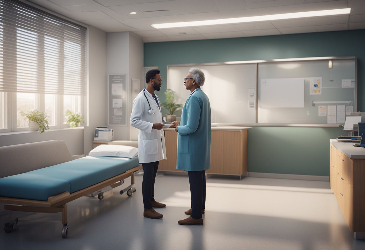 A doctor and a patient discussing lung cancer screening options in a hospital consultation room