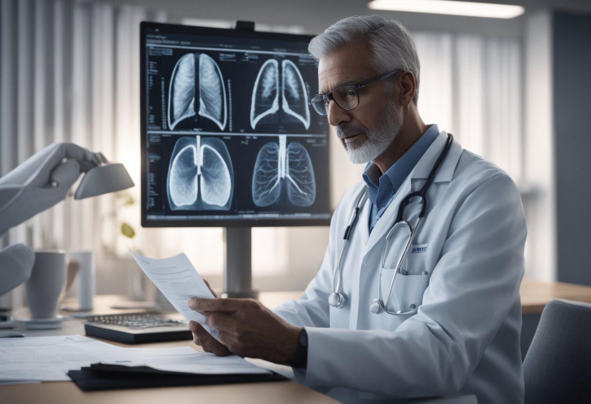 A doctor holding a lung cancer screening report, with a concerned patient sitting in the background