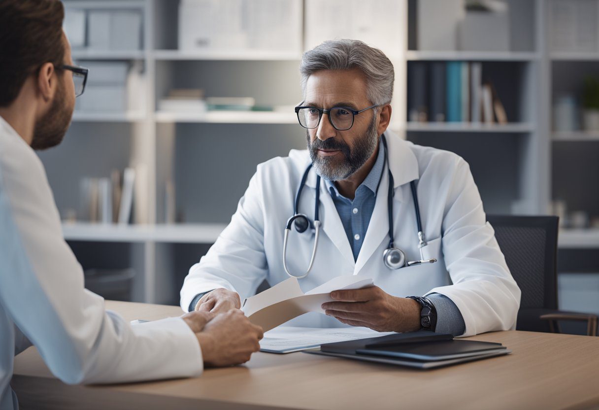 A doctor discussing lung cancer screening with a patient, pointing to a pamphlet with frequently asked questions