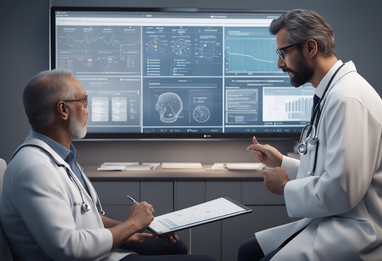 A doctor discusses treatment options with a patient, pointing to a chart of lung cancer treatment pathways