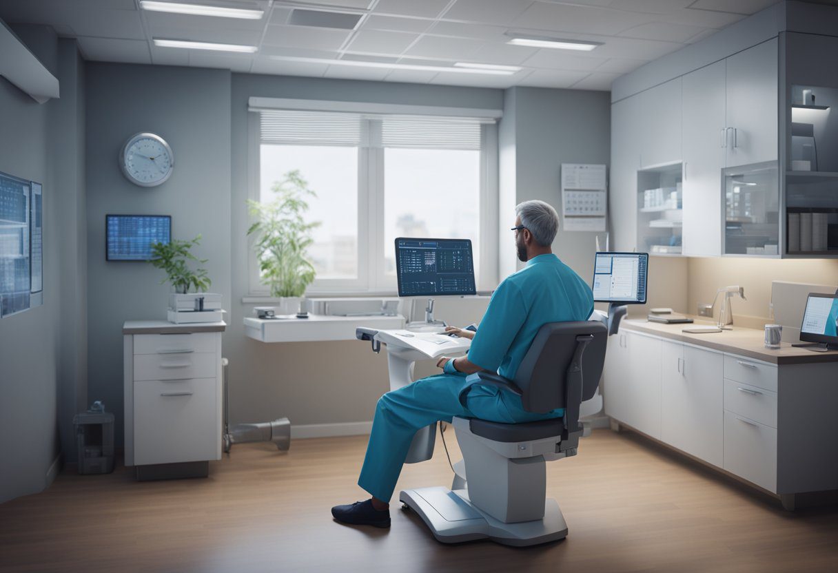 A doctor performing a prostate cancer screening using a blood test and digital rectal exam in a medical office