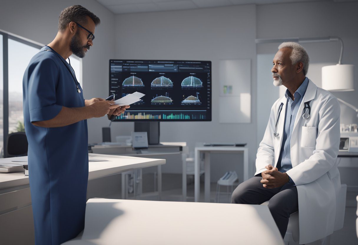 A doctor discussing prostate cancer screening with a patient, using a chart to explain the process