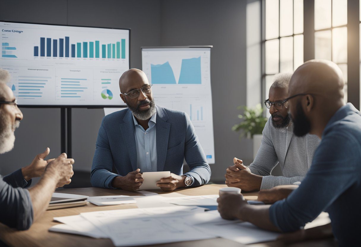 A group of men discussing the pros and cons of prostate cancer screening, with charts and graphs illustrating the benefits and risks