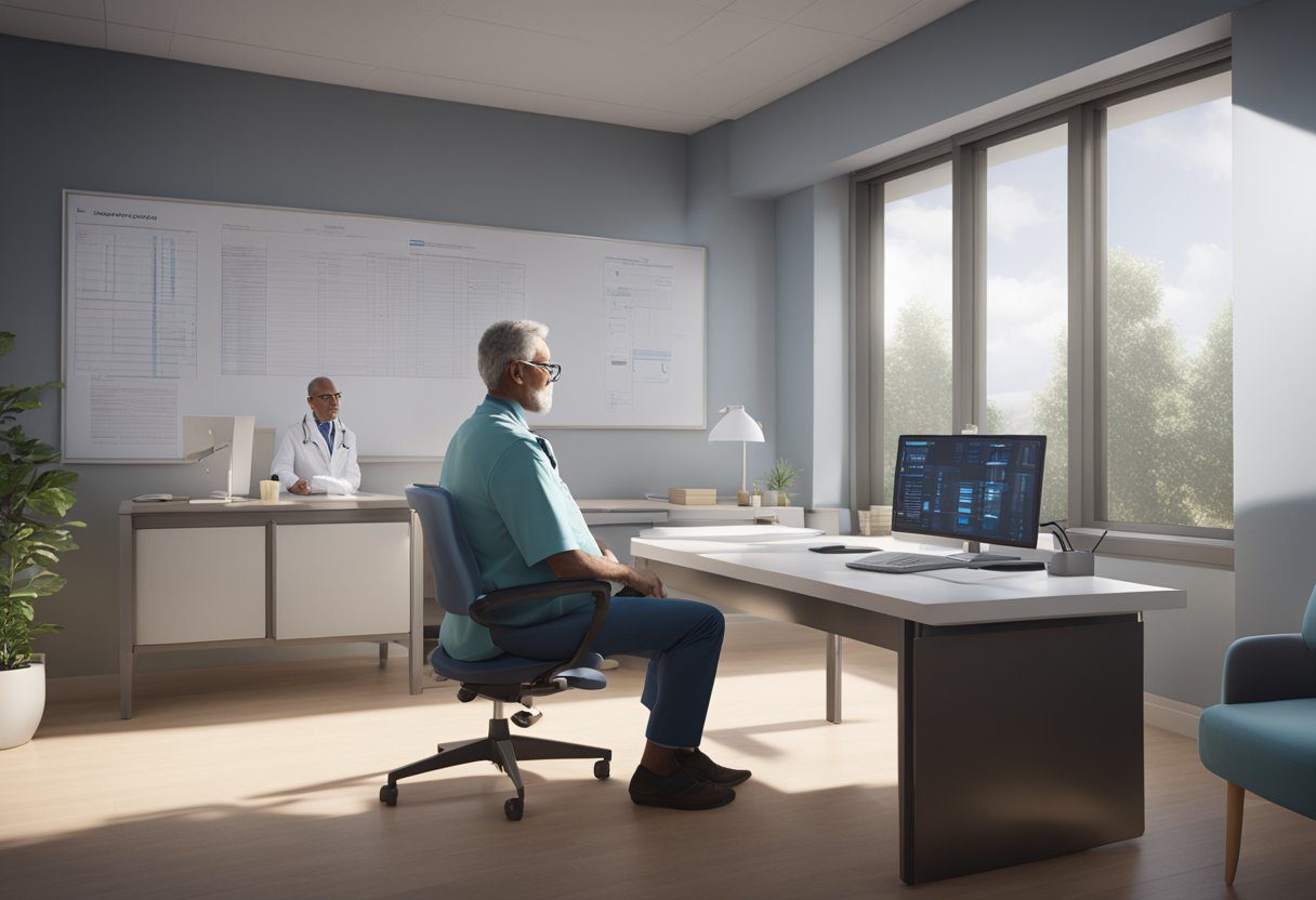 A doctor discussing prostate cancer screening results with a patient, followed by scheduling a follow-up appointment