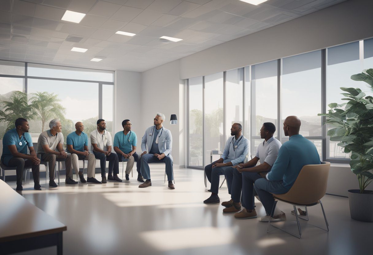 A doctor explaining prostate cancer screening to a group of men in a clinic waiting room