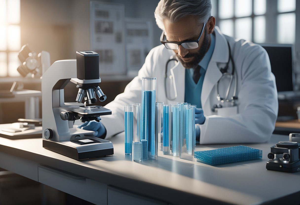 A doctor holding a prostate cancer screening kit, with a microscope and test tubes on a lab table