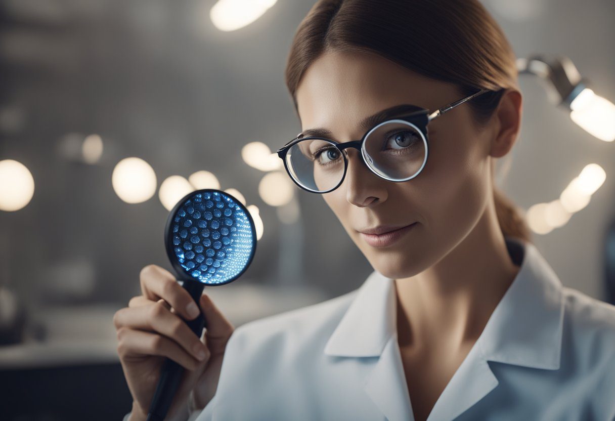 A dermatologist examines a suspicious mole with a magnifying tool under bright lights