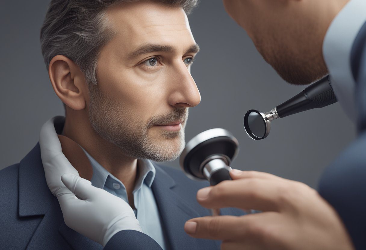 A dermatologist examines a suspicious mole with a magnifying glass during a skin cancer screening