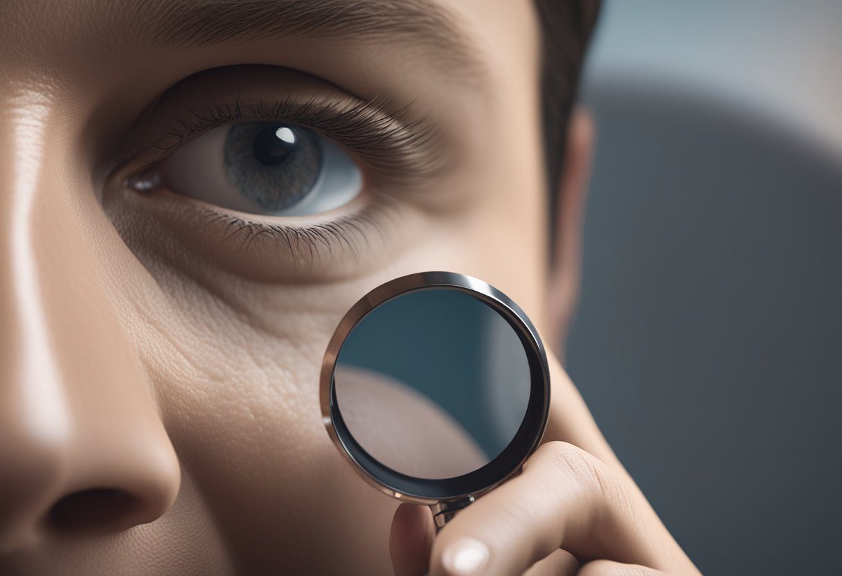 A doctor uses a magnifying glass to examine a suspicious mole on a patient's skin during a skin cancer screening