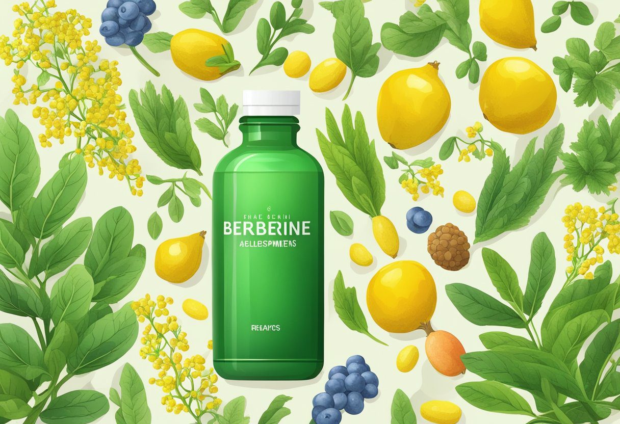 A vibrant green plant with small, yellow flowers, surrounded by colorful fruits and vegetables. A bottle of berberine supplements is placed next to the plant