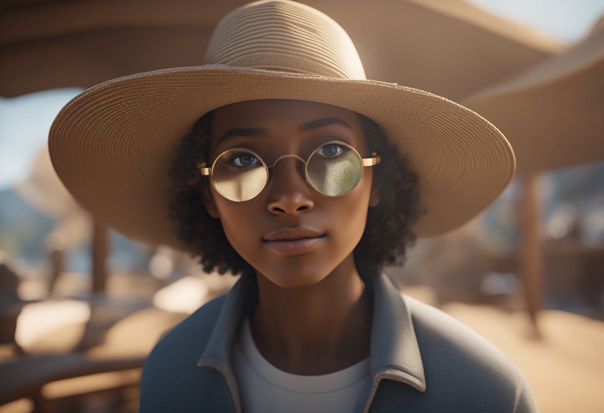 A magnifying glass hovers over a patch of skin, examining for irregularities. Sunscreen and a wide-brimmed hat sit nearby