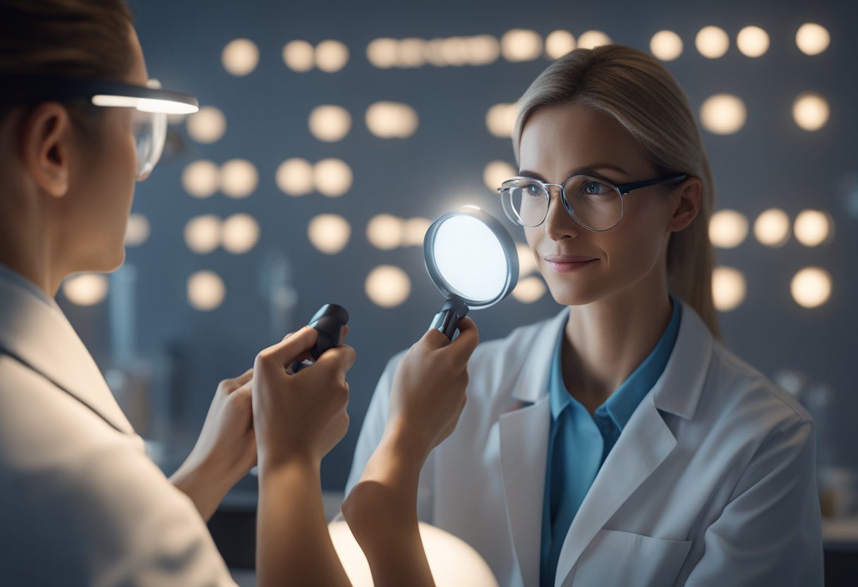 A dermatologist examines a patient's skin under a bright light, using a magnifying glass to check for any signs of skin cancer