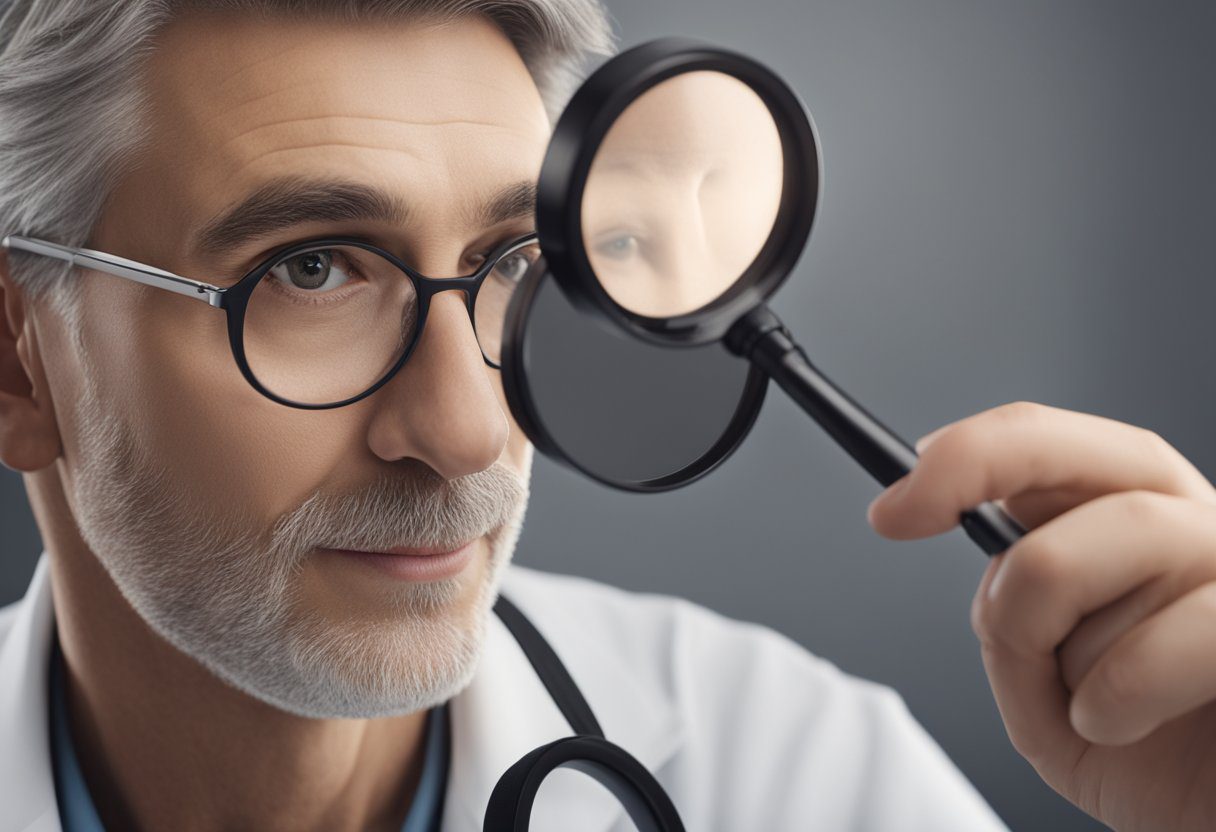 A dermatologist examines a suspicious mole under a magnifying glass during a skin cancer screening