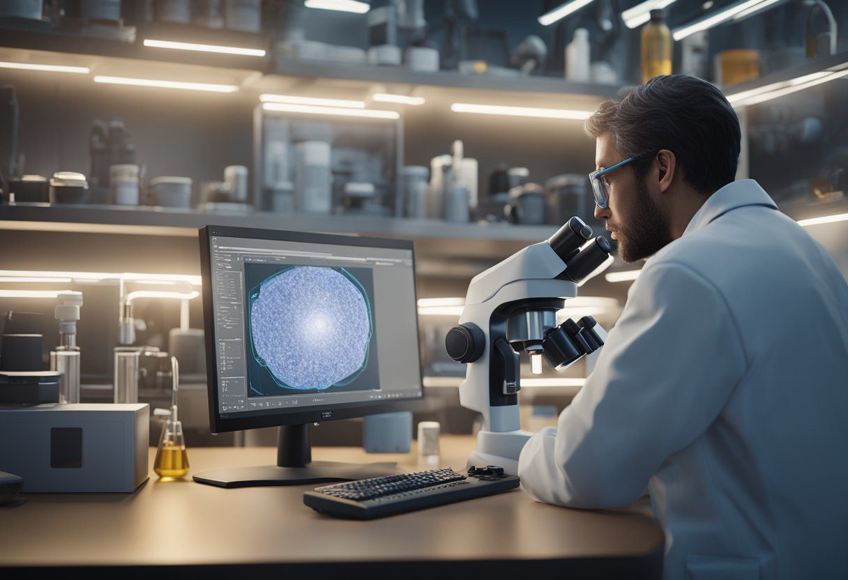 A microscope zooms in on skin cells, revealing detailed structures. A scientist in a lab coat examines a computer screen displaying data on skin cancer research