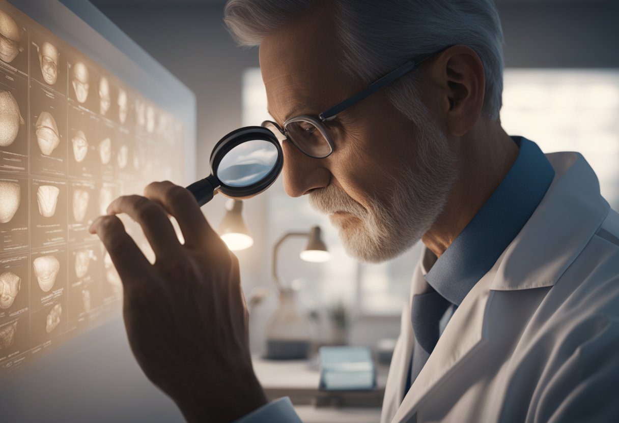 A doctor examines a patient's skin under a bright light, using a magnifying glass. A chart on the wall shows different types of skin lesions