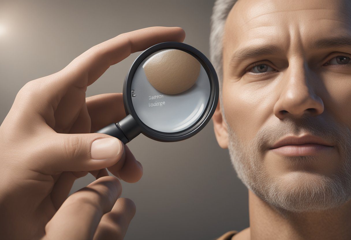 A magnifying glass hovers over a patch of skin, searching for signs of skin cancer. A chart of different skin lesions is displayed in the background