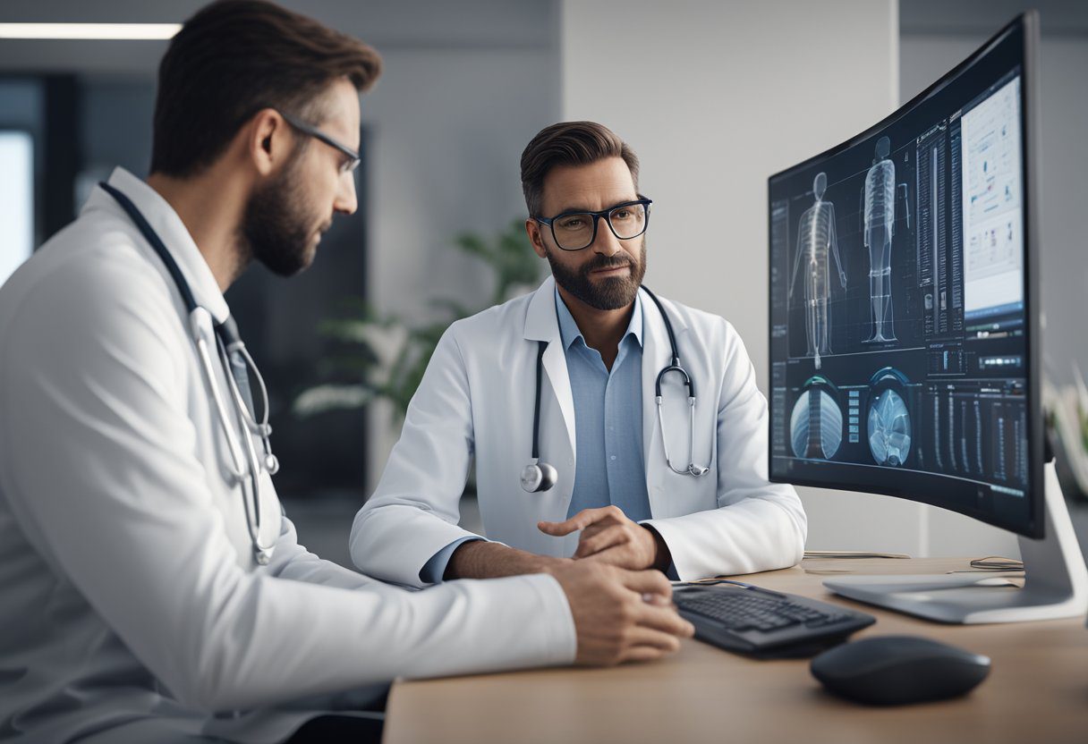 A doctor discussing treatment options with a patient, showing various options on a computer screen