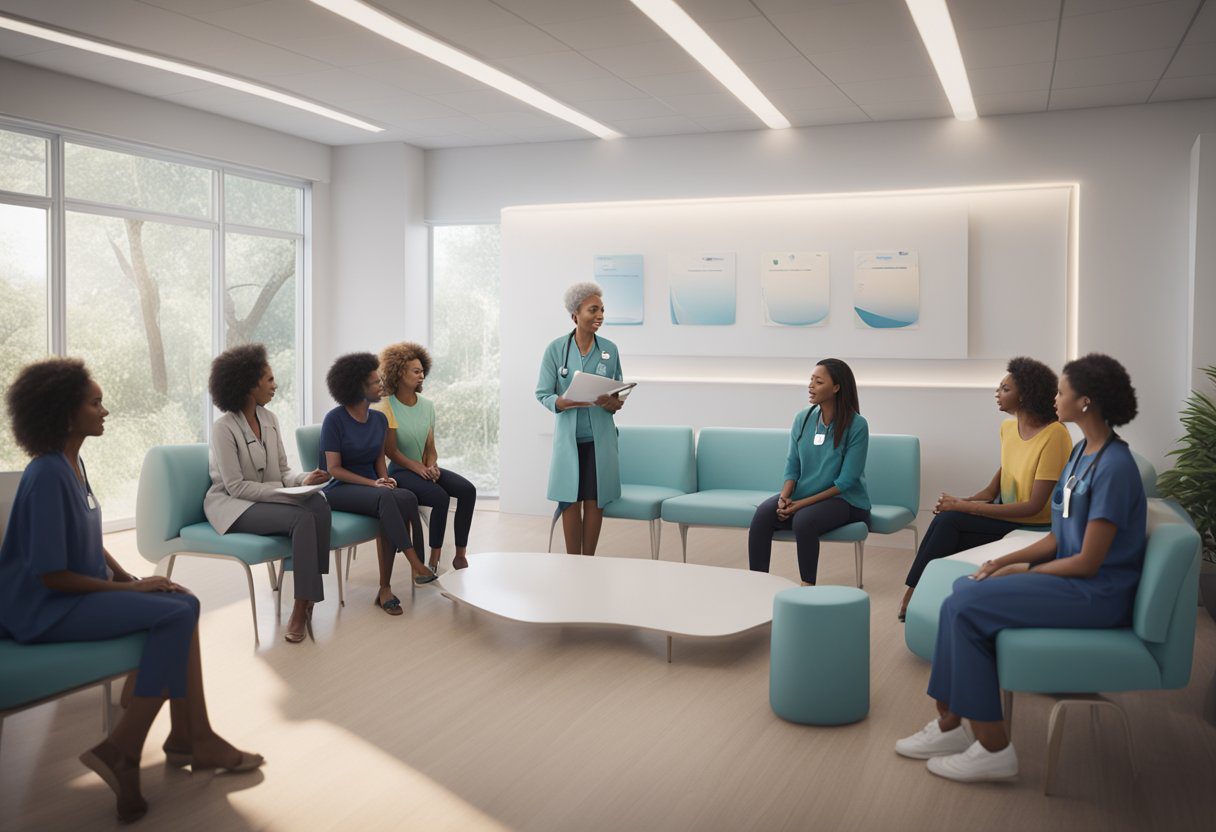 A doctor explaining ovarian cancer screening to a group of women in a clinic waiting room
