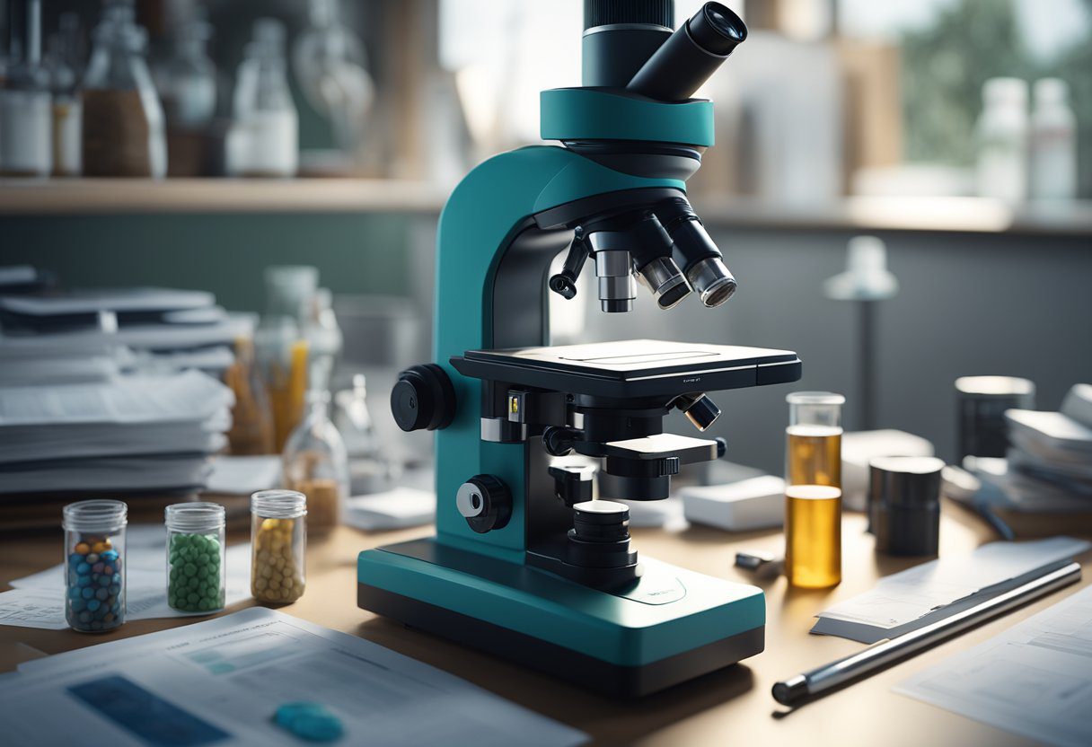 A microscope focusing on a slide with ovarian cancer cells, surrounded by research papers and scientific equipment
