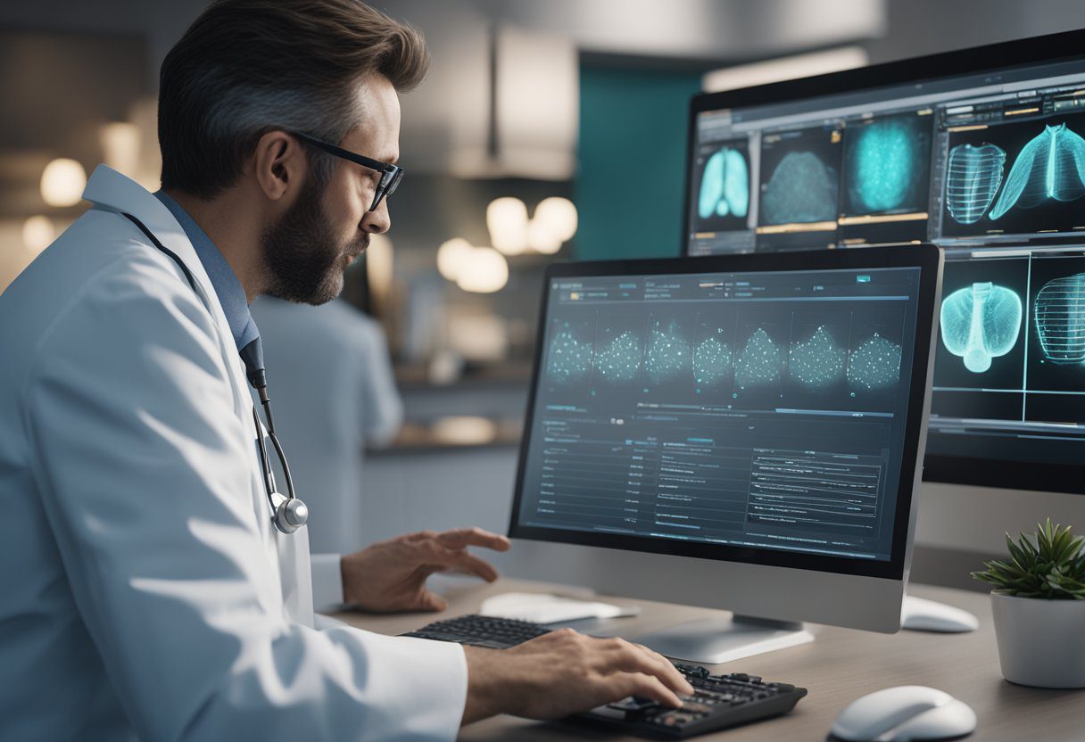 A doctor reviewing a computer screen showing ovarian cancer screening results