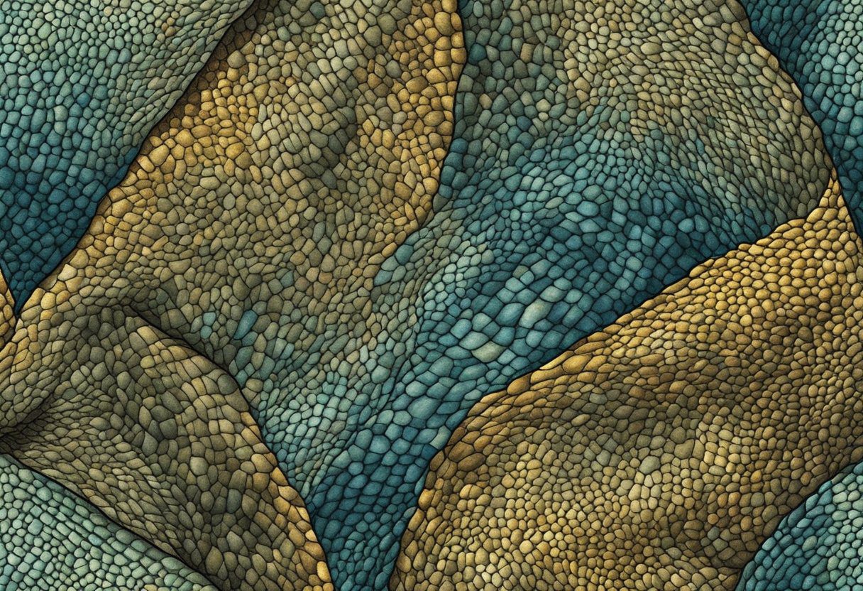 A close-up of a patch of discolored, scaly skin with irregular borders, possibly on the chest or back