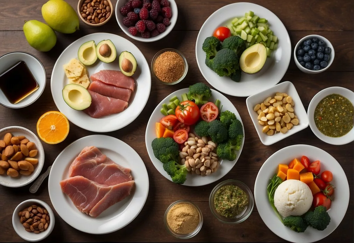 A table with two plates: one filled with low-carb, high-fat foods (keto), the other with lean meats, fruits, and vegetables (paleo). A sign above each plate reads "Keto Diet" and "Paleo