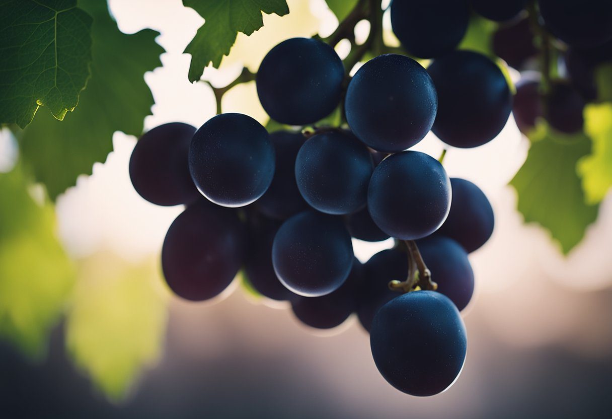 A bunch of black grapes surrounded by a halo of light, with a list of benefits floating around them