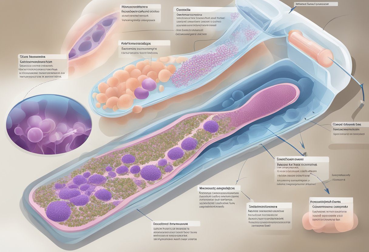 A microscope slide showing TNBC cells on the skin, with a labeled diagram of treatment strategies in the background