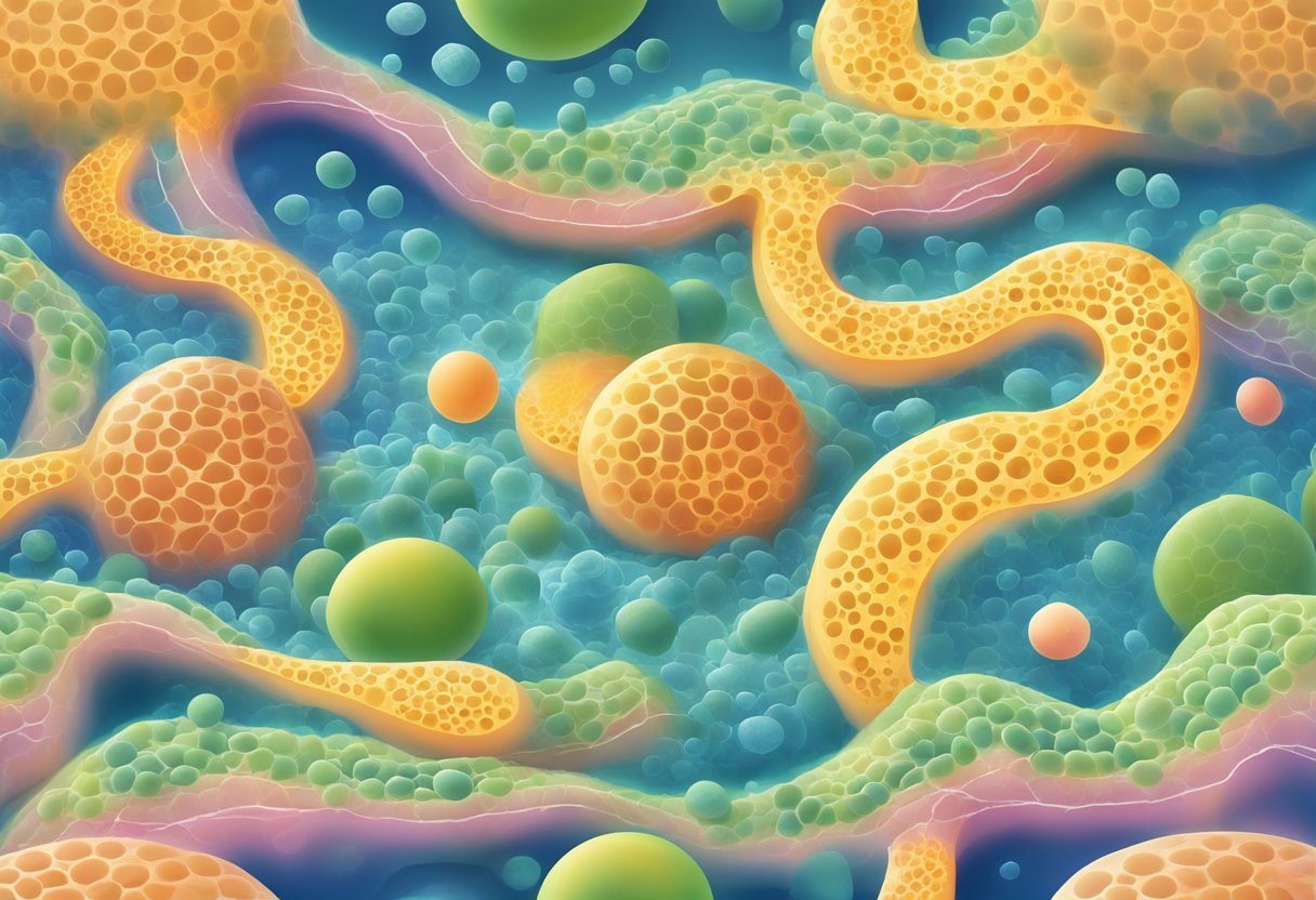 A close-up of a skin cell with TNBC mutation, surrounded by environmental risk factors like UV rays and pollution particles