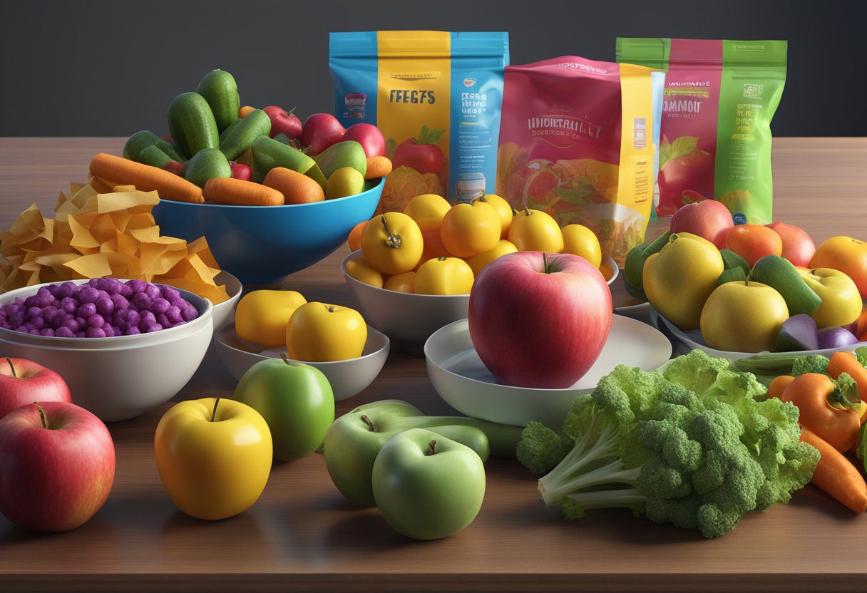 A table piled with colorful, packaged ultra-processed foods next to a sad-looking apple and a vibrant bowl of fresh vegetables
