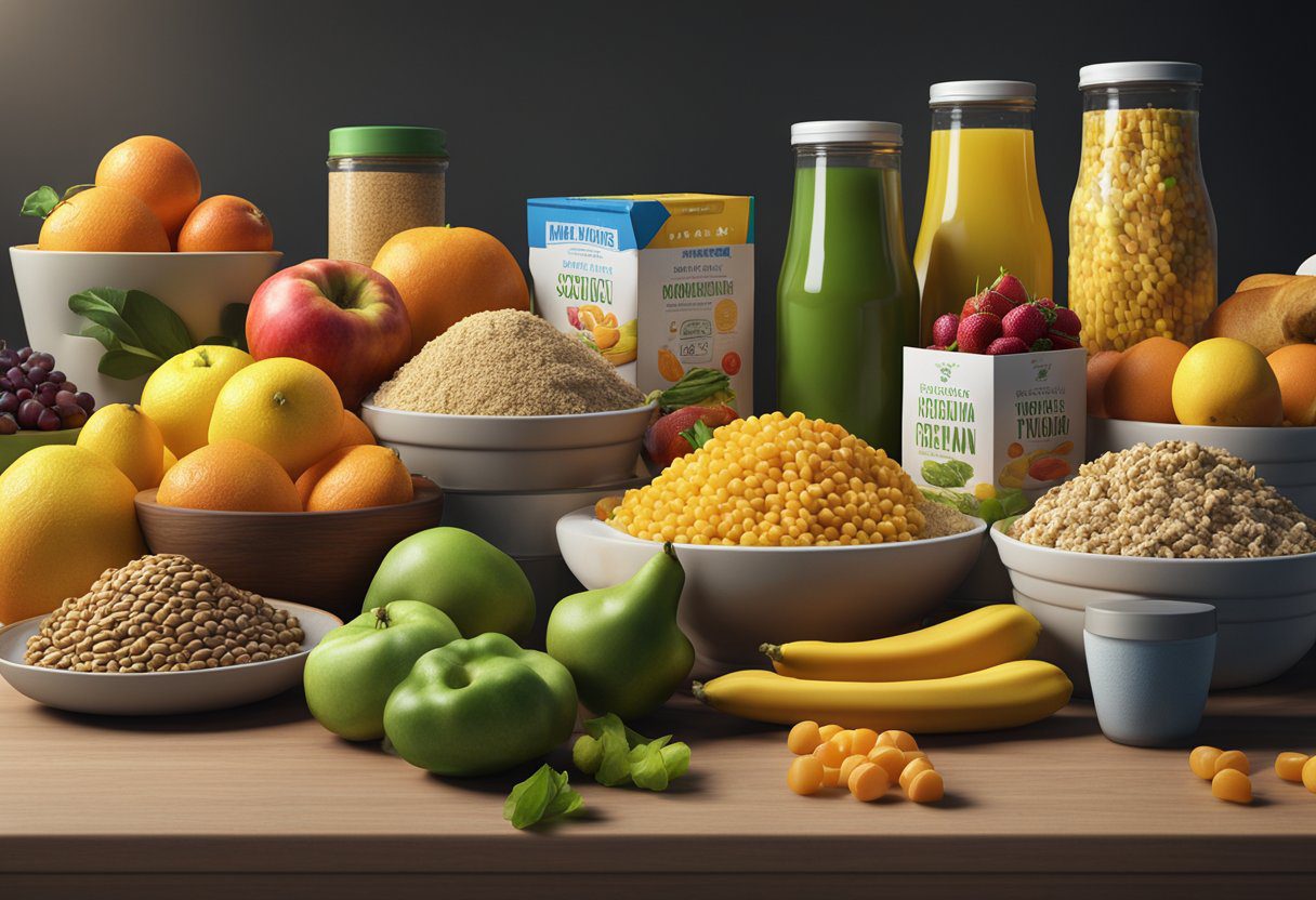 A table with various packaged food items, some with long ingredient lists and bright colors, next to fresh fruits and vegetables